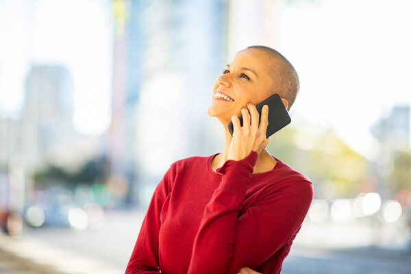 Portrait Middle Age Woman Modern Hairstyle Talking Mobile Phone City Stock Photo
