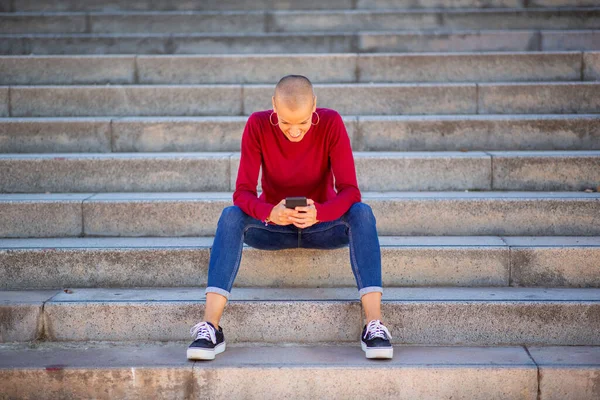 Portrait Woman Sitting Steps Using Mobile Phone Royalty Free Stock Images