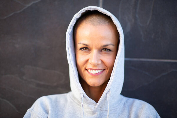 Close Portrait Smiling Woman Hoodie Stock Image