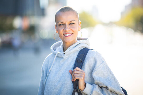 Close Portrait Smiling Woman Short Blond Hair Stock Photo