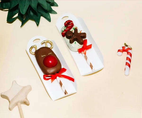 Chocolate gifts. Deer dessert and cake in Belgian chocolate on a stick. Christmas bakery. Festive food, concept of New Year and Christmas traditions. Advertisement of desserts for children. Place for
