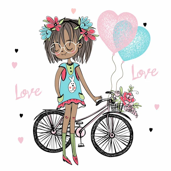 かわいいファッショニスタの暗い肌の10代の女の子 自転車や心を持つ風船 ベクトル — ストックベクタ