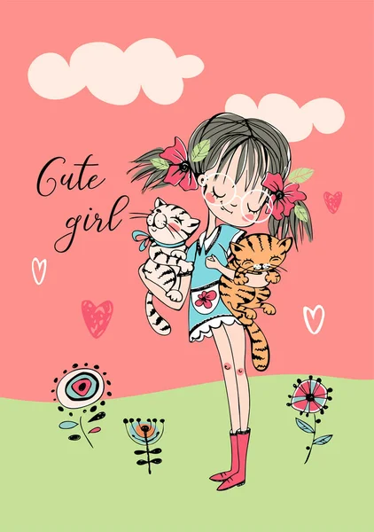 かわいい猫の女の子 ベクターイラスト — ストックベクタ