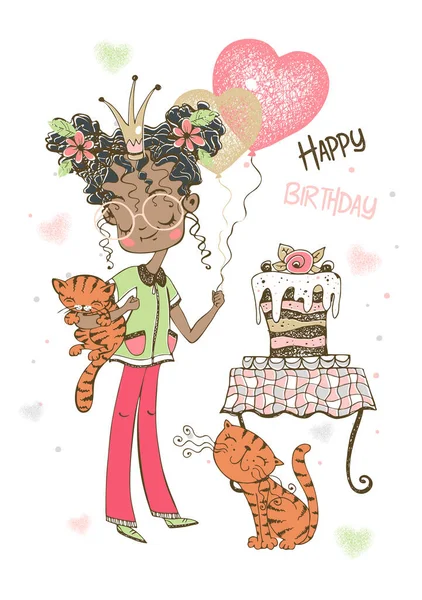 Geburtstagskarte Mit Süßem Mädchen Mit Kuchen Und Luftballons Vektor — Stockvektor