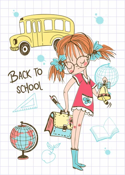 一个带着公文包的可爱女孩去了学校 回学校去校车 矢量图形