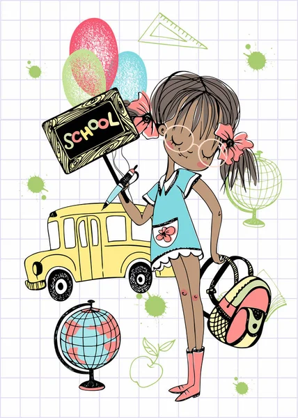 一个带着书包的漂亮女孩去上学 回学校去校车B 免版税图库插图