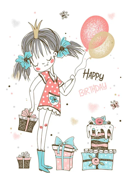 一张生日卡片 上面有可爱的公主和礼物 图库插图
