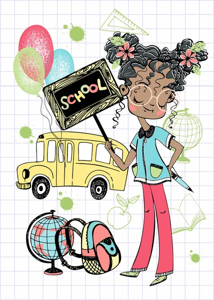 一个漂亮的女孩去上学 一个带着校钟和气球的女学生回学校去B 图库插图