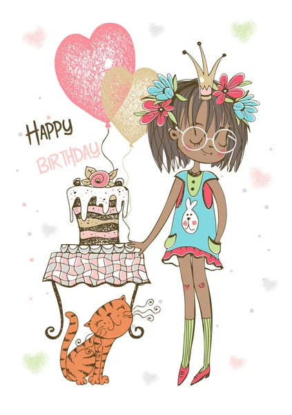 Kartka Urodzinowa Uroczą Dziewczyną Tortem Balonami Wektor Ilustracja Stockowa