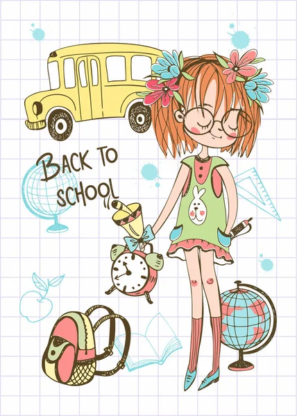 一个带着书包的漂亮女孩去上学 回学校去校车B 图库矢量图片