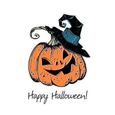 Cadılar Bayramı tebrik kartı. Bir balkabağı ve cadı şapkası. Vektör.