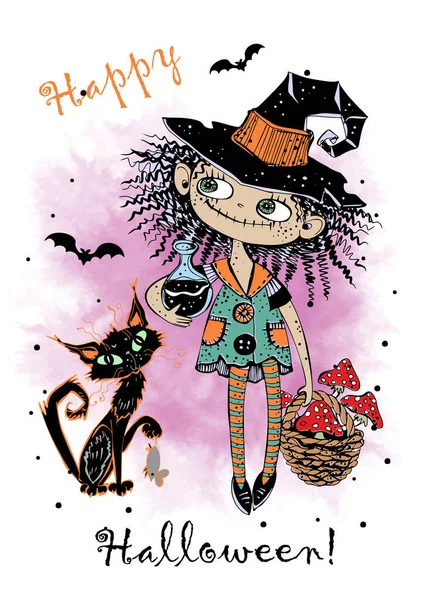 Cute Little Witch Black Cat Toadstools Halloween Vector — Stock Vector