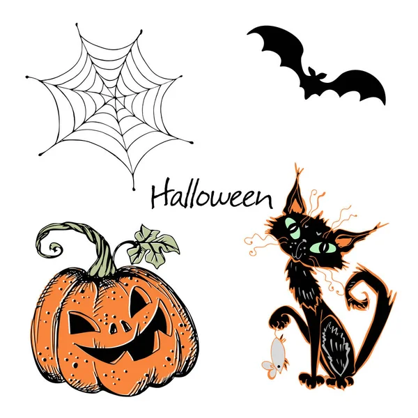 Cadılar Bayramı Için Dekoratif Unsurlar Balkabağı Kedi Örümcek Ağı Yarasa — Stok Vektör