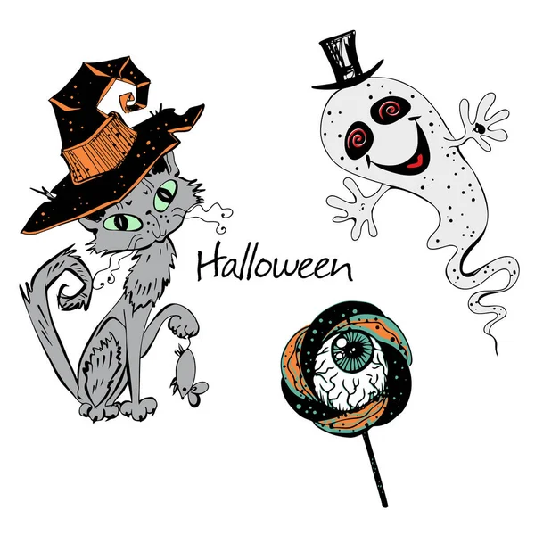 Elementy Dekoracyjne Halloween Kot Kapeluszu Czarownicy Duchem Lizak Przerażającym Okiem — Wektor stockowy