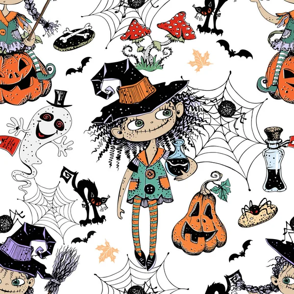 Zökkenőmentes Minta Halloween Téma Kislányok Boszorkányok Sütőtök Különböző Horror Elemek — Stock Vector
