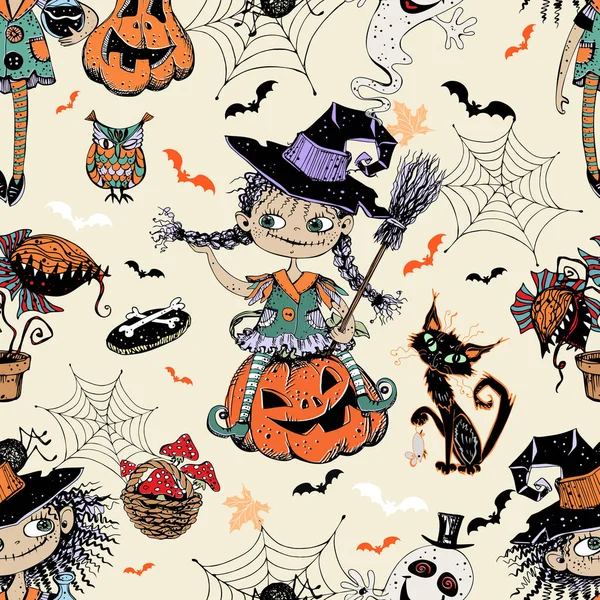 Zökkenőmentes Minta Halloween Téma Kislányok Boszorkányok Sütőtök Különböző Horror Elemek — Stock Vector
