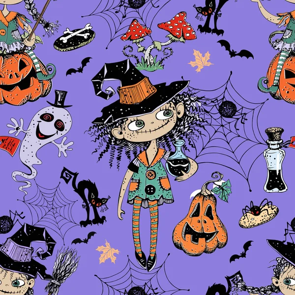 Cadılar Bayramı Temalı Kusursuz Bir Şablon Küçük Kızlar Cadı Balkabakları — Stok Vektör