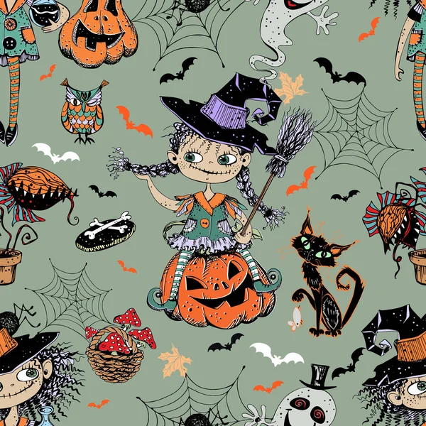Płynny Wzór Temat Halloween Małymi Dziewczynami Czarownice Dynie Różne Elementy — Wektor stockowy