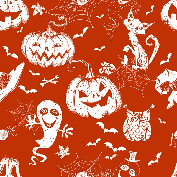 Zökkenőmentes Halloween Témájú Minta Sütőtökkel Különböző Horror Elemekkel Vektor — Stock Vector