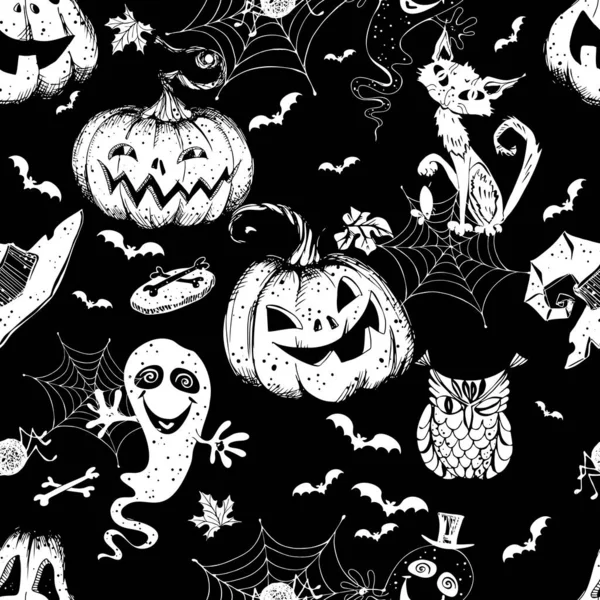 Seamless Halloween Themed Pattern Pumpkins Various Horror Elements Vector — Stock Vector