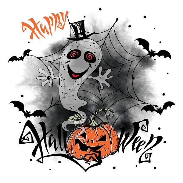 Halloween Gratulationskort Ett Spöke Med Pumpa Och Fladdermöss Vektor Royaltyfria illustrationer