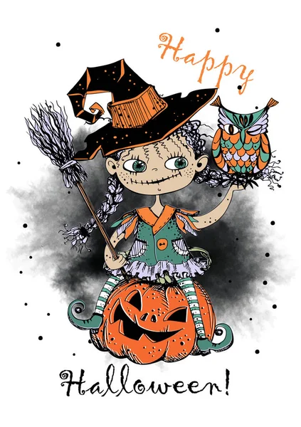 Милая Маленькая Ведьма Совой Тыквами Хэллоуин Вектор Лицензионные Стоковые Иллюстрации