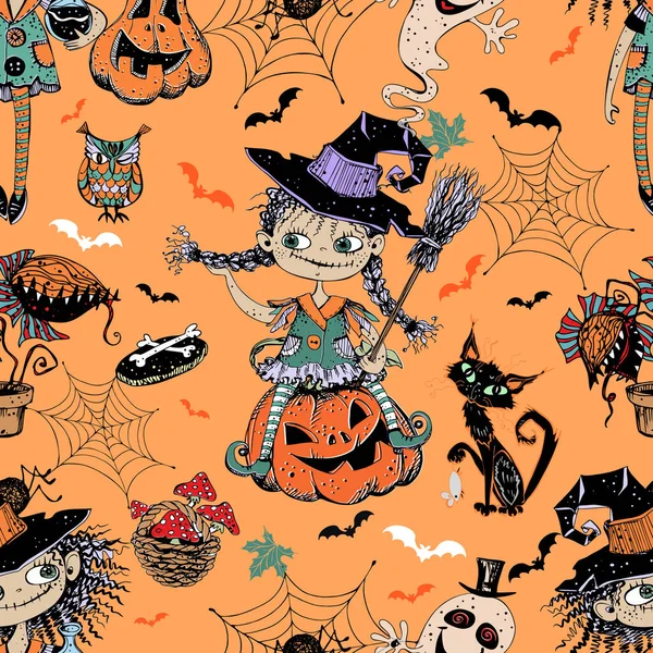 Bezproblémový Vzor Téma Halloween Malými Dívkami Čarodějnice Dýně Různé Hororové Royalty Free Stock Ilustrace