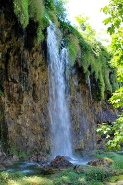 Güzel Doğa. Parktaki şelaleler. Gölün berrak suyu. Şelale Şelalesi. Plitvice Gölleri Ulusal Parkı.