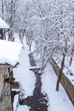 Kış Ormanı Akıntısı. Kar ve Akıntılı Kış Ormanı Sahnesi. Soğuk berrak su akıntısı. Kar yığınları ve orman ağaçlarıyla kış manzarası. Kış. Karlı Orman. 
