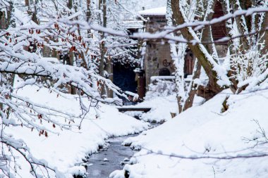 Kış Ormanı Akıntısı. Kar ve Akıntılı Kış Ormanı Sahnesi. Soğuk berrak su akıntısı. Kar yığınları ve orman ağaçlarıyla kış manzarası. Kış. Karlı Orman. 