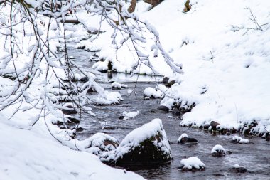 Kış Ormanı Akıntısı. Kar ve Akıntılı Kış Ormanı Sahnesi. Soğuk berrak su akıntısı. Kar yığınları ve orman ağaçlarıyla kış manzarası. Kış. Karlı Orman. 