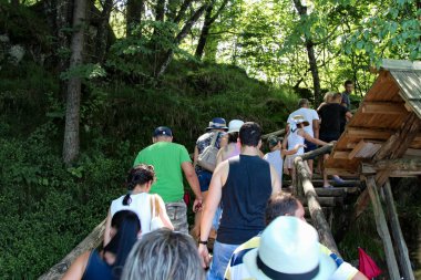 Plitvice Lakes Ulusal Parkı 'nda yürüyüş. Forested Hills ve Turkuaz Gölleri. Tahta Ayak Köprüleri ve Yollar Kenarlardan Yılan Geçidi ve Gürültülü Su Karşısı. Turistler Plitvice Göllerini ziyaret ediyor.