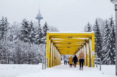 Sarı Köprü. Kış. Çelik yaya köprüsü. Çelik Köprü Yapısı. Kentsel Kış Manzarası
