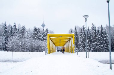 Sarı Köprü. Kış. Çelik yaya köprüsü. Çelik Köprü Yapısı. Kentsel Kış Manzarası