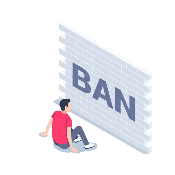 Isometric Vector Illustration White Background Young Man Sits Front Brick — Stock Vector
