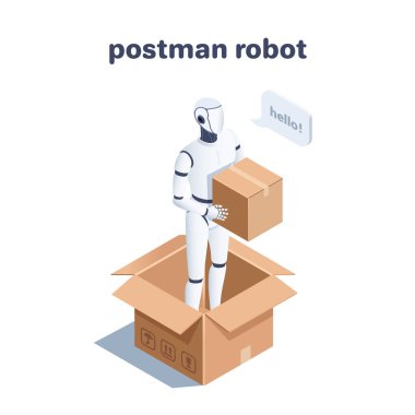 Beyaz zemin üzerinde izometrik vektör çizimi, karton kutulu bir robot açık bir kutuda duruyor, paket teslimatı veya postacı robotu