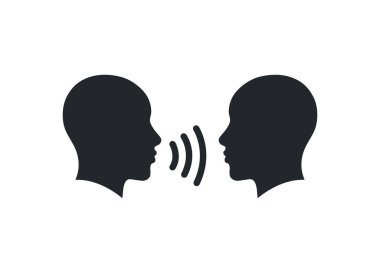 Beyaz arkaplanda izole edilmiş düz vektör görüntüsü, insan kafaları ve ses dalgaları simgesi, iletişim veya insanlar arasındaki çatışma