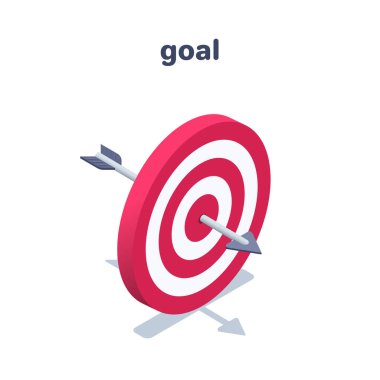 Beyaz arkaplanda izole edilmiş izometrik vektör çizimi, delinmiş ok hedef simgesi, hedef başarısı