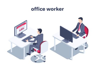 Beyaz arkaplandaki izometrik vektör çizimi, takım elbiseli bir adam ofis masasında oturan bir bilgisayarda çalışıyor, bir ofis çalışanı.