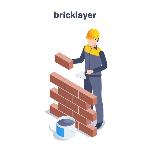 Isometrische Vektorillustration Auf Weißem Hintergrund Ein Männlicher Baumeister Mit Ziegel — Stockvektor
