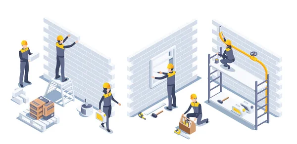 Ізометрична Векторна Ілюстрація Білому Тлі Люди Спецодязі Працюють Будівельному Майданчику — стоковий вектор