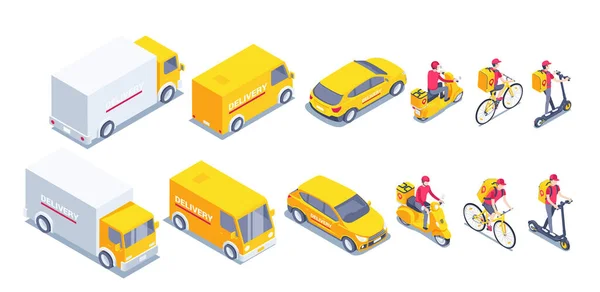 关于白色背景 送货运输设备 汽车和摩托车以及自行车 城市送货服务的等距矢量说明 — 图库矢量图片