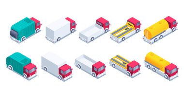 Beyaz arka planda izometrik vektör çizimi, kamyon seti, çöp kamyonu ve yakıt kamyonlu çekici, çalışan nakliye aracı
