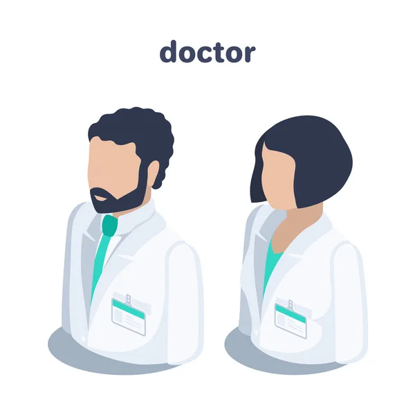 白い背景にアイソメトリックベクトルのイラスト男性と女性の医師医療従事者のアイコン — ストックベクタ