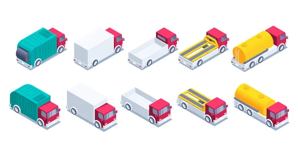 在白色背景 卡车组 装有垃圾车和燃料卡车的拖车 工作运输上隔离的等距矢量图 — 图库矢量图片