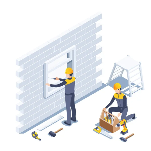 Isometrische Vektordarstellung Auf Weißem Hintergrund Männer Arbeitskleidung Mit Werkzeug Montieren — Stockvektor