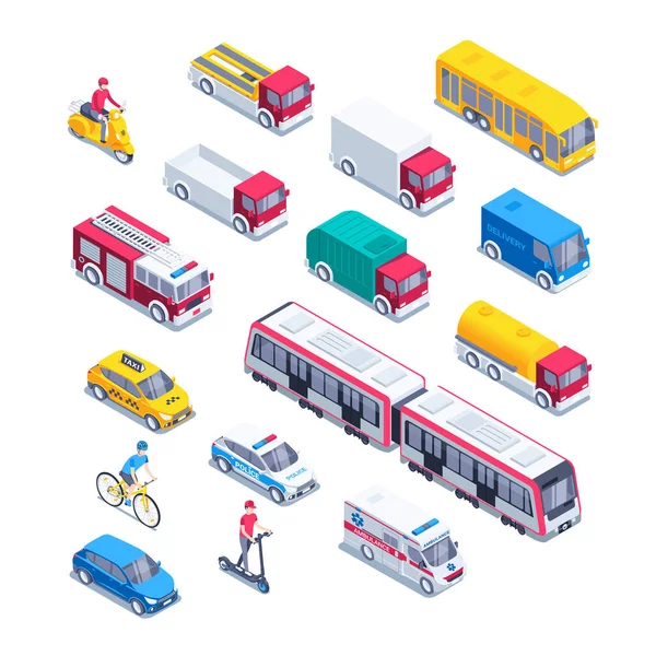 Ilustração Vetorial Isométrica Sobre Fundo Branco Conjunto Transporte Urbano Polícia —  Vetores de Stock