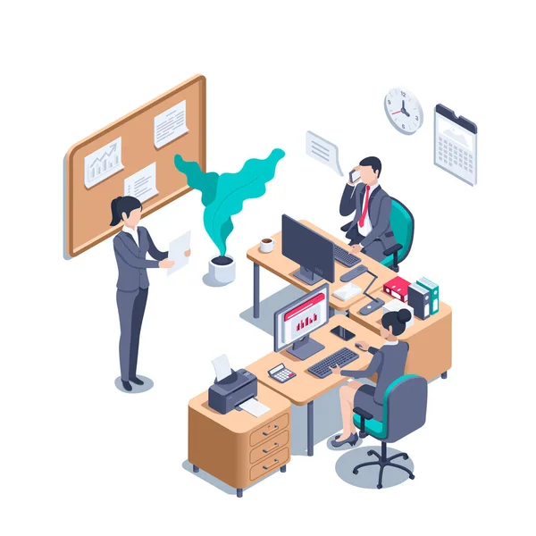 Isometrische Vektordarstellung Auf Weißem Hintergrund Menschen Business Anzügen Arbeiten Büro — Stockvektor