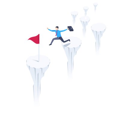 isometric vector illustration on a white background, a man in business clothes with a briefcase jumps over a cliff to a place marked with a flag, reaching the goal clipart