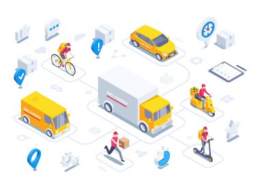 Beyaz arka planda izometrik vektör çizimi, paket teslimatı için bir araba ve teslimat servisinden motosikletli ve bisikletli bir adam.